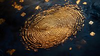 Golden fingerprint on dark blue textured background with scattered gold particles, representing security technology and biometric identification.