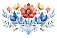 Watercolor floral composition with red cosmos flower, blue leaves and yellow blooms in symmetrical arrangement for wedding invitations or home decor.