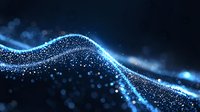 Glowing blue wave of particles flowing on dark background with bokeh light effects and dynamic motion creates futuristic abstract composition.