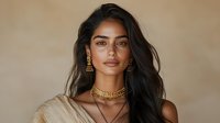 Young South Asian woman with long dark hair wearing traditional gold jewelry necklace and earrings against neutral beige background, natural makeup look and confident expression.