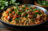 Asian noodles with teriyaki meatballs, carrots and fresh herbs in dark ceramic bowl on wooden table, garnished with sesame seeds and green onions.