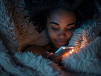 Young African American woman lying in bed using smartphone at night, illuminated by blue screen light, wrapped in cozy faux fur blanket.