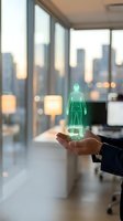 Businessman hand holding glowing green holographic human figure in modern office with city skyline background for healthcare technology concepts.