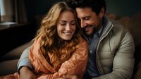 Young couple sharing intimate moment on couch, woman in orange jacket and man in grey vest laughing together in warm atmospheric lighting, expressing joy and romance.