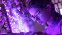 Young Asian female programmer in glasses looking at glowing purple computer code display, focused on software development work in modern tech environment.