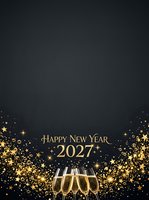 Happy New Year 2027 celebration with four champagne flutes filled with sparkling wine, surrounded by golden glitter, stars, and festive sparkles on dark background for holiday greeting cards and party invitations.
