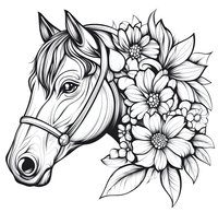 Horse head with floral arrangement in black and white line art style. Decorative composition featuring detailed daisy flowers and leaves. Ready for coloring book design.