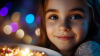Young girl with gentle smile illuminated by soft bokeh lights and holiday decorations, creating magical festive atmosphere. Close up portrait with warm evening glow and sparkle effects.