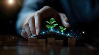 Hand nurturing small green seedlings growing from wooden blocks with glowing digital elements, symbolizing business growth and sustainable development.
