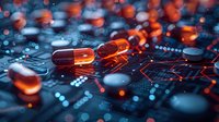 Medical capsules and pills scattered on digital circuit board surface with glowing orange and blue lights creating futuristic healthcare technology concept.