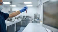 Male laboratory technician in protective gear holding blood sample vial in modern medical research facility for clinical testing and analysis.