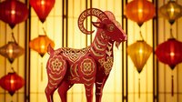 Red paper cut goat with golden ornamental patterns against bamboo background with hanging lanterns for Chinese New Year celebration and zodiac decorations.