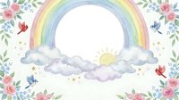 Watercolor rainbow arch with clouds, sun, flowers, and birds forming a round frame on white background, nursery decor or baby shower design.