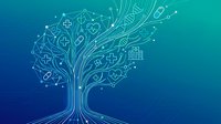 Digital technology tree with medical healthcare icons on blue gradient background for innovation concepts and modern medicine applications.