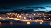 Coastal city lights reflect on calm water at night with blurred bokeh effects and light trails creating dreamy atmospheric seascape scene.