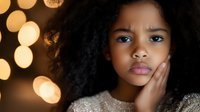 Young African American girl with natural curly hair and thoughtful expression against warm bokeh lights background, touching face gently. Emotional portrait study.
