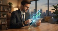 Professional businessman analyzing holographic financial data charts on tablet in modern office during sunset for business analytics and investment planning.