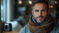Mature Caucasian man with gray hair and beard wearing brown scarf and sweater looking at camera with confident smile. Blurred warm lights background creates cozy atmosphere.