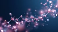 Glowing pink and blue molecular structure with connected nodes floating in dark space, creating an abstract scientific network pattern for research backgrounds.