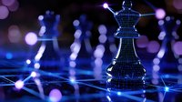 Glowing chess queen piece on digital network grid with blue light connections and bokeh effects in dark background, symbolizing strategic leadership.