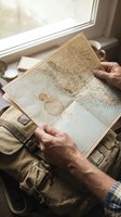 Person holding aged map with water stains near window, displaying vintage cartography and travel planning. Suitable for adventure, exploration, and wanderlust themes.