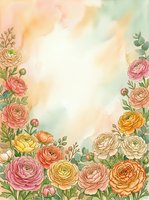 Watercolor ranunculus flowers frame with soft pastel background for wedding invitations, greeting cards and romantic design projects.
