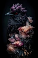 Mystical black bird with purple crest and red eyes emerging from pink crystal formations against dark background, creating dramatic supernatural atmosphere.