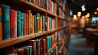 Cozy bookstore interior with colorful vintage books on wooden shelves and warm ambient lighting creating inviting atmosphere for reading and browsing.