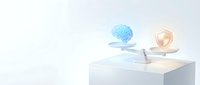 Digital brain and security shield icons balanced on scale representing AI ethics, data protection and technology decision making in modern business environment.