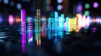 Vibrant neon audio equalizer bars in rainbow colors reflecting on dark surface with bokeh lights in background, digital music visualization concept.