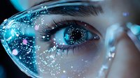 Close-up of human eye with digital technology overlay effect, glowing blue cybernetic visualization with particles and data points showing futuristic vision concept.