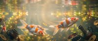 Colorful koi fish swimming in serene pond with golden sunlight filtering through water creating magical bokeh effects and peaceful aquatic atmosphere.
