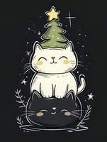 Cute white cat sitting on black cat head with Christmas tree decoration, stars and holiday elements on dark background. Cartoon style illustration isolated.