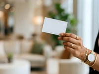 Person with medium skin tone holding blank white card in modern home interior with plants and natural lighting, suitable for business cards, invitations, and promotional materials.
