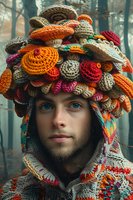 Young male with blue eyes wearing unique knitted hood decorated with colorful crochet mushroom shapes against misty forest background, artistic fashion portrait.