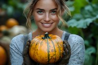 Young Caucasian woman in gray sweater and gardening gloves holding fresh orange pumpkin, smiling with bright blue eyes against blurred garden background.