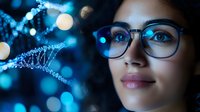 Young Asian woman in glasses looking at glowing DNA molecule structure against dark background with blue bokeh lights and scientific visualization.