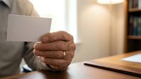 Close-up of mature male hands holding blank white card at wooden desk with warm office lighting, suitable for business messaging and corporate communications.
