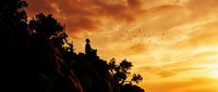 Silhouette of person sitting on cliff edge at golden sunset with flying birds and dramatic sky, meditation and contemplation concept.
