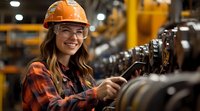 Young female industrial mechanic in orange hard hat and plaid shirt smiling while maintaining heavy machinery in manufacturing facility. Focus on positive workplace attitude.
