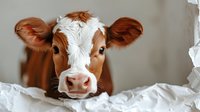 Close-up portrait of young brown and white calf with large ears looking at camera, surrounded by white paper or fabric in rustic farm setting.