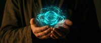 Hands holding glowing turquoise atom or molecule hologram against dark background, representing science, technology, innovation, and digital transformation for educational and corporate use.