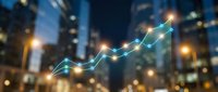 Glowing upward trending arrow chart with connected data points against blurred city skyline at night, representing business growth and financial success.