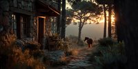 Rustic stone cottage with wooden door at golden sunset, dog walking on cobblestone path through misty forest clearing with warm atmospheric lighting.