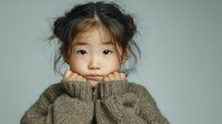 Young Asian girl wearing cozy knitted brown sweater with hands covering mouth, looking directly at camera with expressive dark eyes against neutral background.