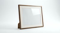 Empty wooden photo frame with glass and stand isolated on white background ready for custom pictures and artwork display.