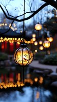 Glowing oriental lanterns with crane motif hanging over tranquil pond at dusk, creating magical atmosphere with bokeh lights and reflections in water.
