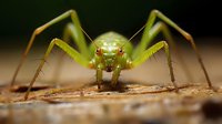 Green spider with red eyes in extreme macro close-up showing detailed facial features and legs on natural wood surface for wildlife photography projects.