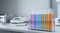 Laboratory test tubes with colorful chemical solutions in rack on white table with scientific equipment for research and analysis experiments.