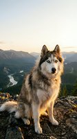 Majestic husky dog sitting on mountain peak during golden hour sunset with dramatic landscape valley and river view in background for outdoor adventure content.